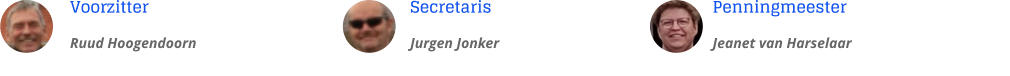 Voorzitter							Secretaris						Penningmeester Ruud Hoogendoorn						Jurgen Jonker						Jeanet van Harselaar